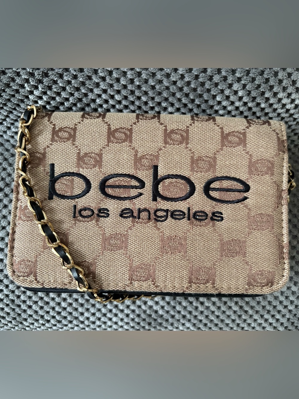 bebe Los Angeles Beige Logo Chain Crossbody Bag